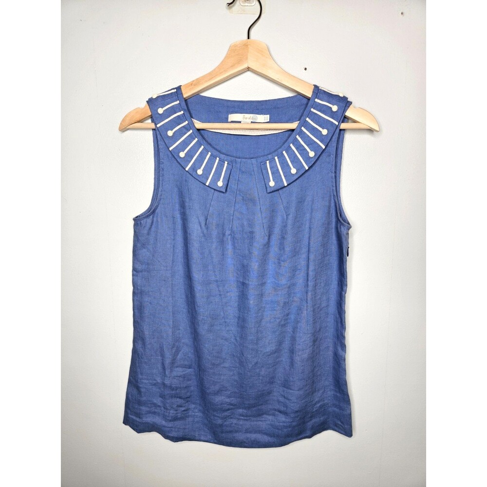 BODEN 100% Linen Sleeveless Top 4 Decorative Collar Side Zip Closure Preppy